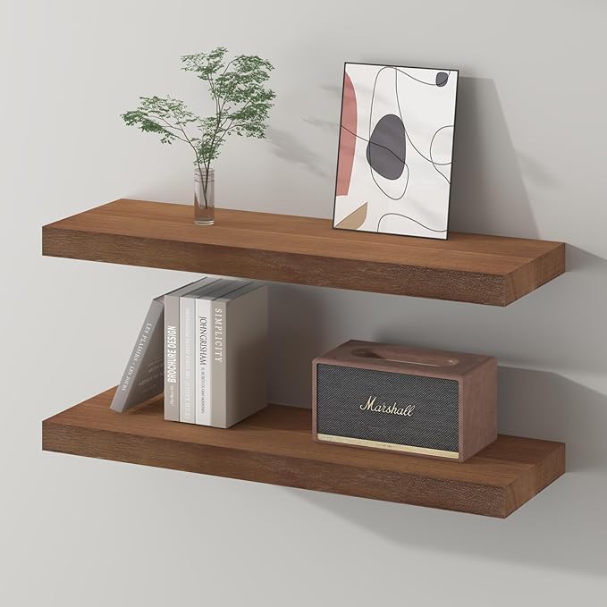 SAUMONIERES Floating Wall Shelves for Bedroom Bathroom Wall Mounted Solid Wood Shelf 24 Inch Set of 2, Walnut Floating Shelves