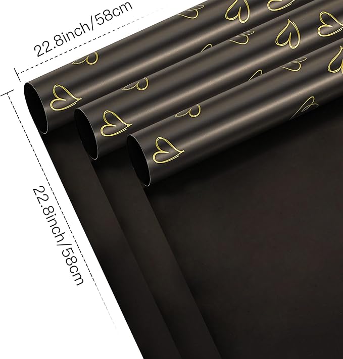 WRAPAHOLIC 20 Sheets Flower Wrapping Paper - 22.8 x 22.8 inch Black Love Design Water-Resistant Floral Bouquet Wrapping Paper, Florist Supplies Packaging for Wedding Birthday Gift DIY