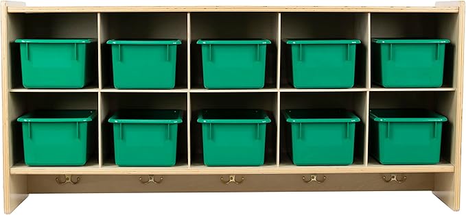 10 Section Cubby Storage Cabinet with Green Bins, Kids Toy Organizer with Hooks, Wall Mounted Cubbies Storage Unit for Kindergarten and Daycare