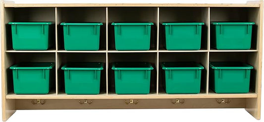 10 Section Cubby Storage Cabinet with Green Bins, Kids Toy Organizer with Hooks, Wall Mounted Cubbies Storage Unit for Kindergarten and Daycare