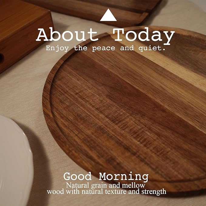 PINXIURY 15.7 Inch Round Wooden Decorative Serving Tray for Coffee Table and Home Decor, Round Wood Tray for Table Centerpiece, Small Candle Tray, Acacia, Appetizer Charcuterie Board