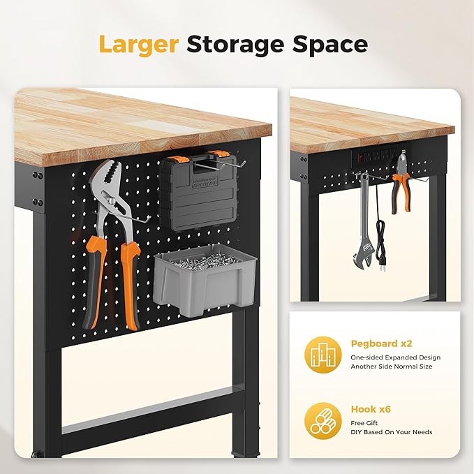 120" Adjustable Heavy Duty Workbench, 2000 LBS Load Capacity Rubber Wood Work Table with Pegboard, Power Outlets, Work Bench for Garage, Workshop, Office, Home, Commercial, Ships in 2 Boxes