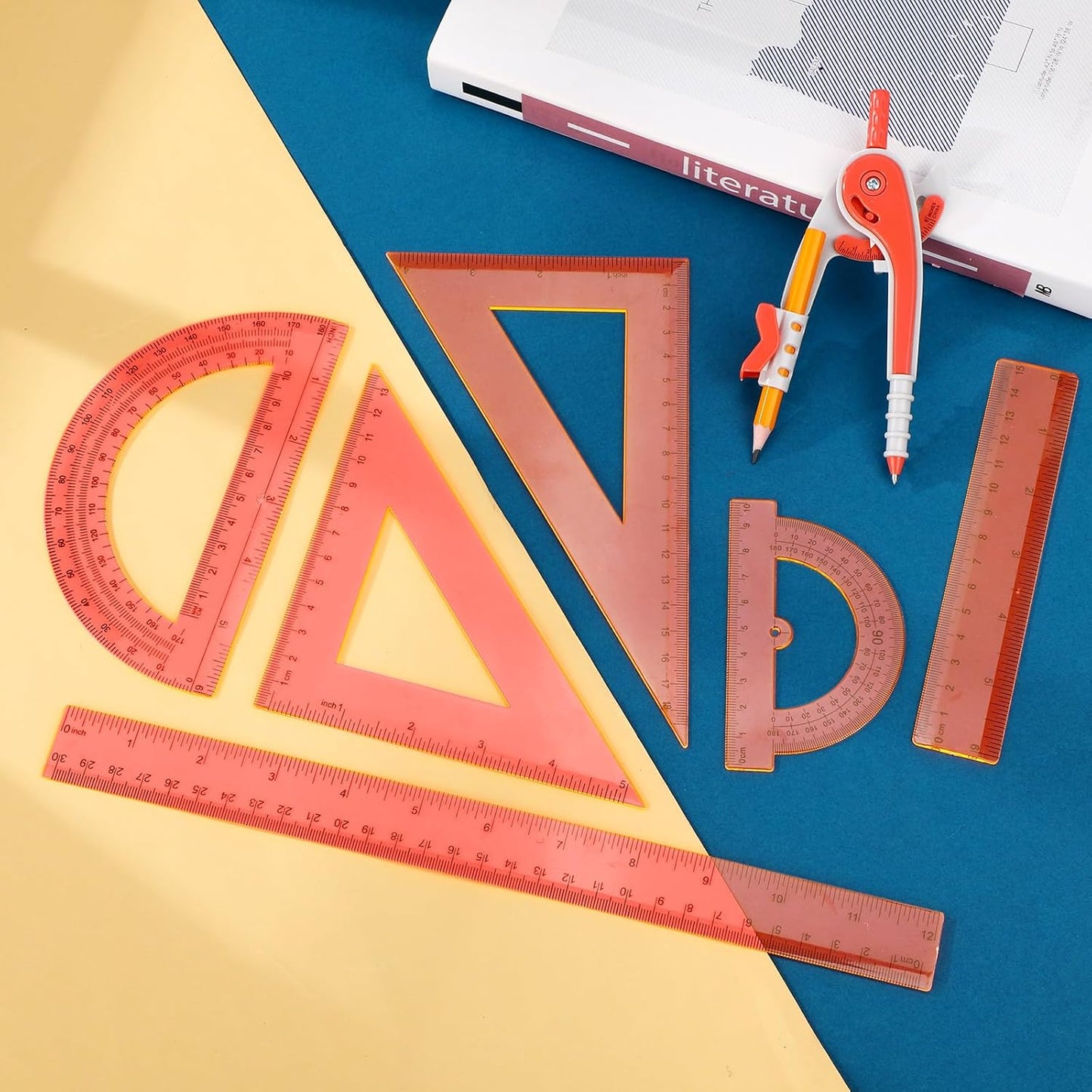 Zonon Geometry Math Set - 7-Piece Plastic Kit with Protractor, Compass & Rulers | Orange