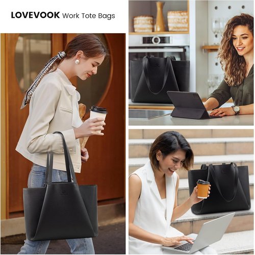 LOVEVOOK Laptop Tote - 15.6 Inch Faux Leather Bag with Clutch | Stylish Large Capacity Office Purse