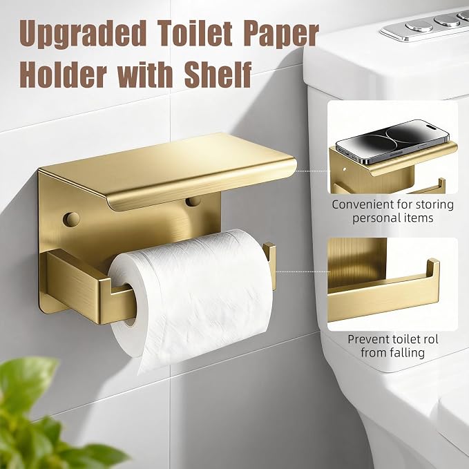 Brushed Gold Bathroom Accessories Hardware Set, 7-Pieces Stainless Steel Towel Racks for Bathroom, 16 Inch Towel Bar, Towel Holders, Updated Toilet Paper Holder with Shelf Wall Mounted
