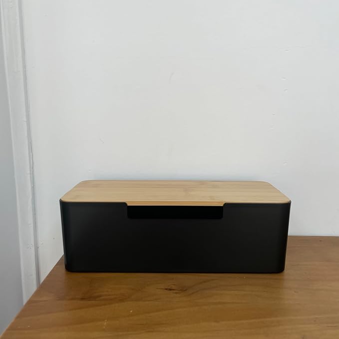 BUYSK ABS Cord Organizer Box with Wooden Lid, Cable Management Box for Power Strips or Surge Protectors, Desk Cable Tidy Box for Office Home(Black)