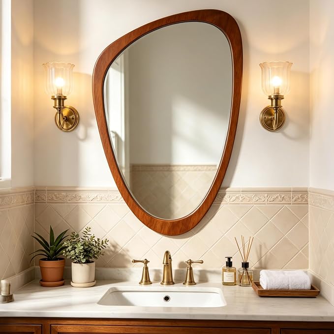 Ferytange Asymmetrical Wood Frame Wall Mirror, 34" H x 24" W Modern Irregular Decorative Mirror, Unique Wall Art for Living Room Bedroom Entryway, Mid Century Modern Home Decor