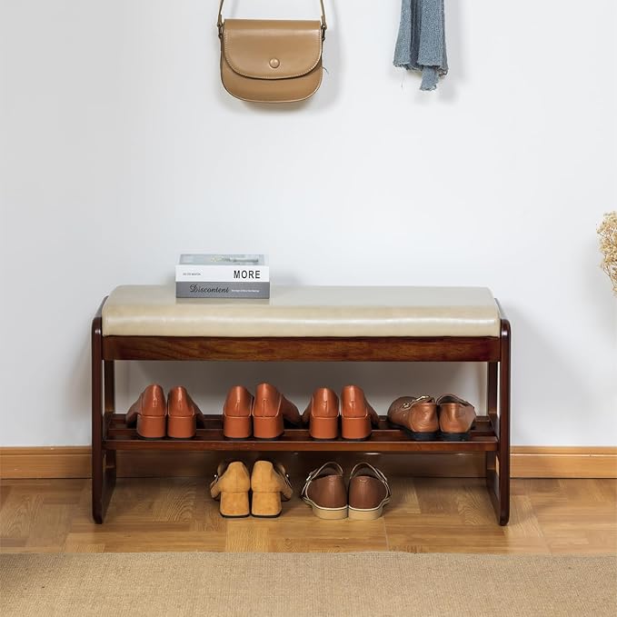 SOBIBO Solid Wood Shoe Bench, 2-Tier Entryway Bench with Cushion and Flip-Open Storage Box, Mid-Century Modern Shoe Bench Rack for Hallway, Mudroom(Gray, 31.5'')