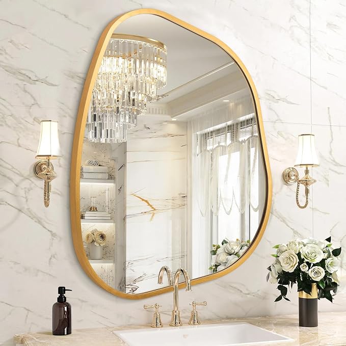 Irregular Mirror for Wall, Gold Wall Mirrors Decorative 20"x16" Asymmetrical Mirrors Aluminum Alloy Frame for Bathroom, Bedroom, Living Room, Cloakroom, Entryway