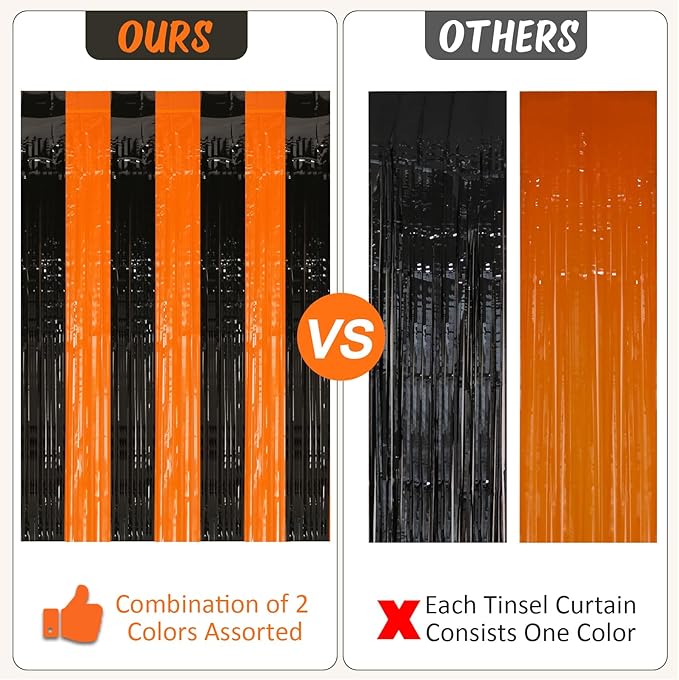 2 Pack Black and Orange Tinsel Foil Fringe Curtain, 3.2Ftx8.2Ft Halloween Backdrop Curtains Photo Booth Props Streamers Christmas Birthday Party Anniversary Wedding Retirement Decorations