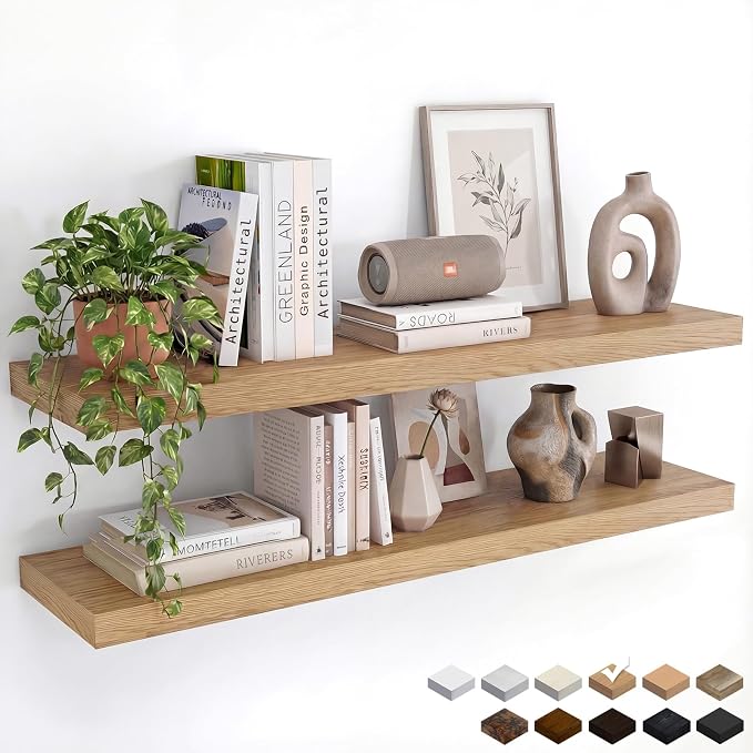 Oak Floating Shelves Set of 2，35.43in Wall Mounted Display Ledge Shelves for Bedroom, Bathroom, Living Room and Kitchen Decoration Storage