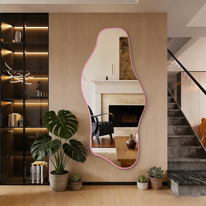 Irregular Mirror Full Length, 67"x31" Pink Asymmetrical Tempered Glass Wall Mirror, Large Organic Frameless Mirrors for Entryway Hallway Bedroom Living Room, Horizontal or Vertical Hanging
