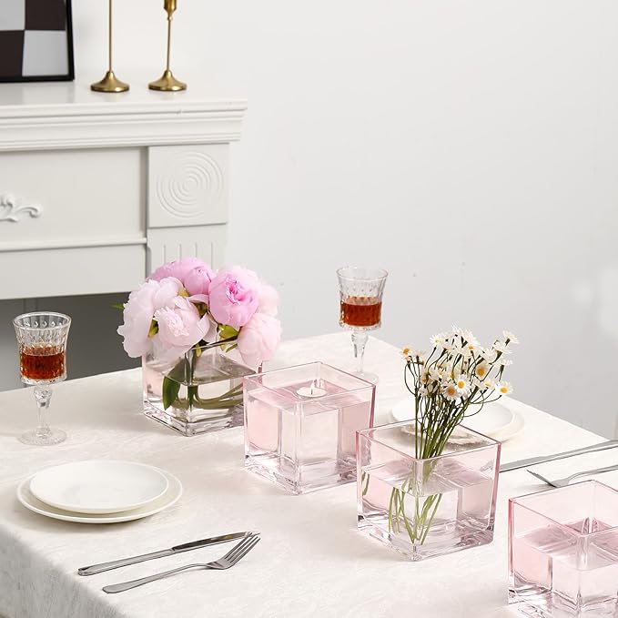 Square Pink Glass Vases Set of 6, 5" x 5" x 5" Flower Vases for Centerpieces, Square Vase for Centerpieces, Small Vase for Wedding, Party, Home Office Decoration