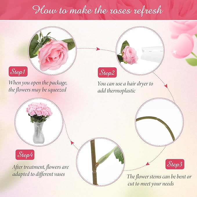 Lyrow 200 Pcs Artificial Roses Realistic Flowers Bulk Real Looking Fake Silk Rose Bouquets with Long Stem Flowers for Wedding Table Centerpieces Bridal Shower Party Home Garden Decor (Pink)