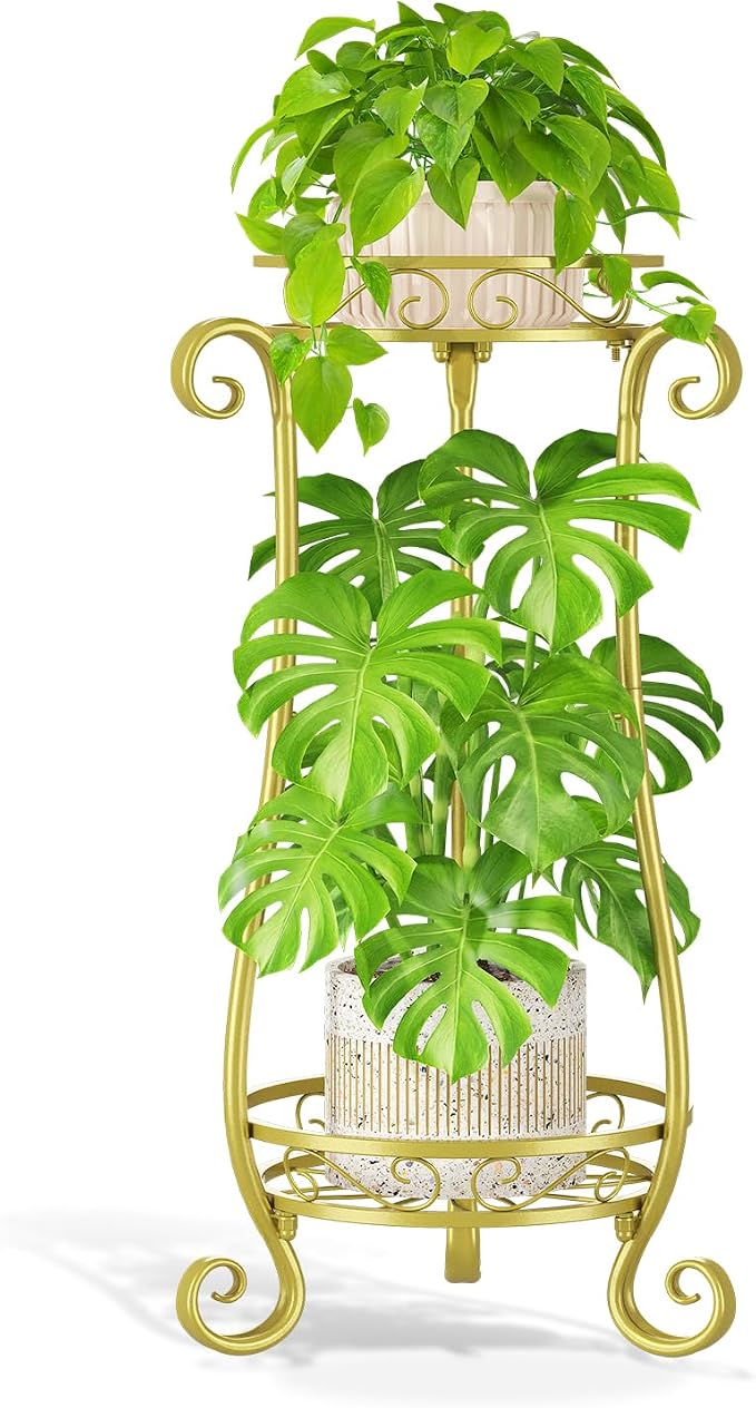 LASZOLA 2 Tier Gold Metal Plant Stand for Multiple Large Planters Indoor Outdoor Organizer, Heavy Duty Tall Flower Stand for Corner Patio Bathroom Office, Modern Sturdy Vertical Iron Rack, Cat Proof