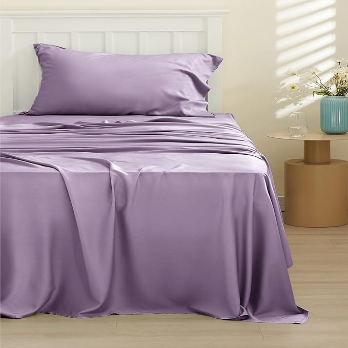 Bedsure Cooling Sheets Twin, Rayon Derived from Bamboo, Breathable & Soft Twin Sheets Set, Deep Pocket Up to 16 Inches, Hotel Luxury Silky Bedding for Hot Sleepers, Lilac