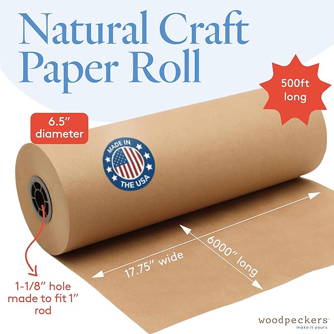 Brown Kraft Paper Roll 17-3/4 inch Wide, 6000 inch Long, 1 Roll, Jumbo Roll for Eco Friendly Christmas Gift Wrapping Paper and Packing Paper, by Woodpeckers