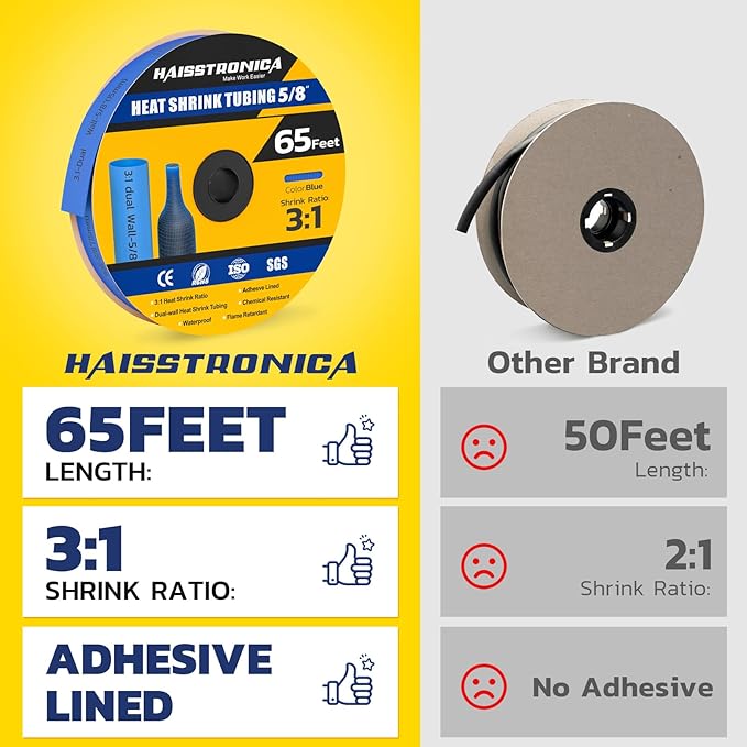 haisstronica 3:1 Heat Shrink Tubing, Shrink Ratio Adhesive Lined Marine Grade Heat Shrink Tube for Home, Automotive and Industrial (Blue) 65FT 5/8inch