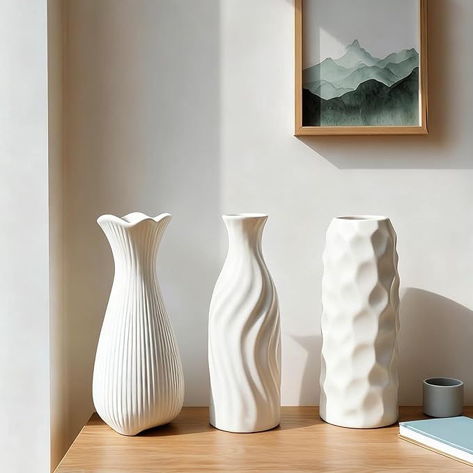 White Ceramic Vase Set Home Decor – Farmhouse & Boho Decorative Vase Set for Kitchen, Living Room, Bedroom, Office, Bookshelf Decor, Bathroom, Centerpiece Table Decor