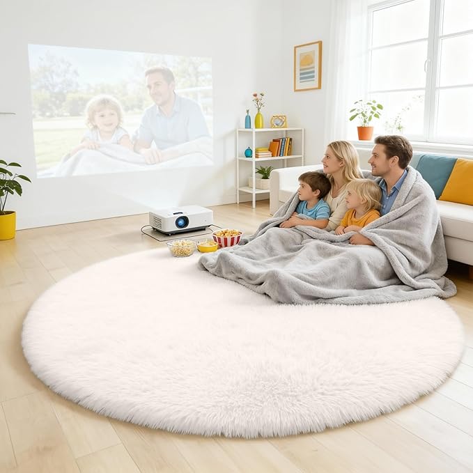 OLANLY Ivory Round Rugs for Bedroom - Machine Washable, 9 ft Circle Area Rugs for Living Room, Soft and Fluffy Shaggy Carpet for Teen Girls and Boys, Nursery Rooms, Dorms, Home Decor Aesthetic