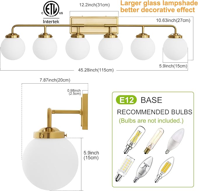 Bathroom Light Fixtures Gold Vanity Lights Over Mirror, Modern Wall Sconce Lighting 6-Light with White Glass Globe Shade