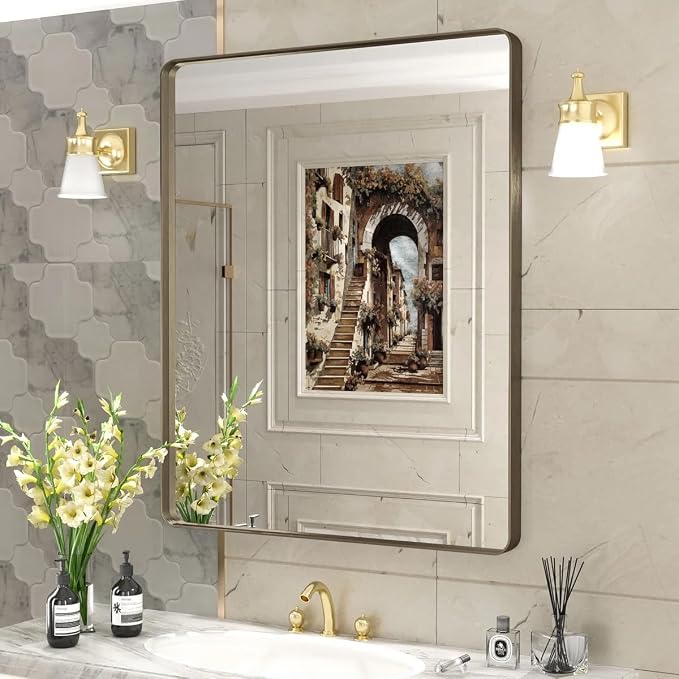 30x36 Bronze Bathroom Wall Mirror, Modern Brushed Metal Framed Mirror for Vanity, Rounded Oil Rubbed Bronze Frame, Anti-Rust, Tempered Shatterproof (Horizontal/Vertical)
