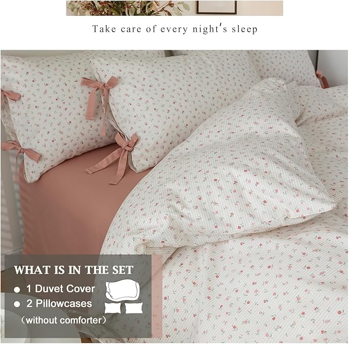 VM VOUGEMARKET Flower Duvet Cover King Vintage Garden Pink Floral Bedding Set for Girls Women 100% Cotton 3 Pieces Stripes Comforter Cover with Zipper Ties,Off-White/Cream