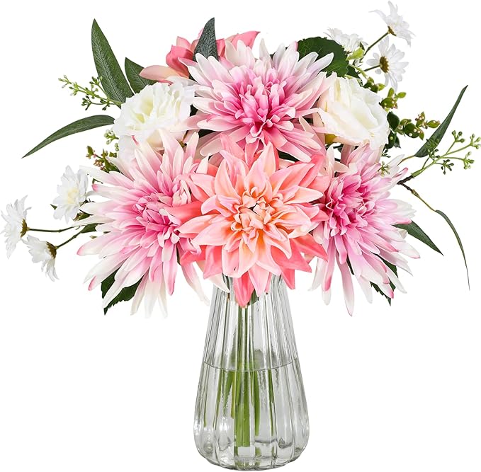 Artificial Flowers with Vase – Faux Silk Dahlia & White Roses Floral Arrangement, Elegant Fake Flower Bouquet for Wedding, Home Décor, Dining Table Centerpiece, Office, Farmhouse Decoration