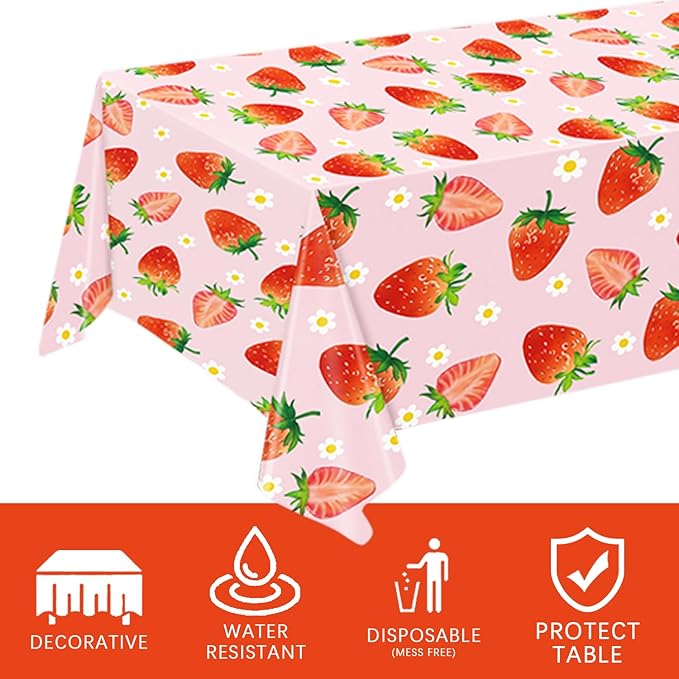 3 Pack Strawberry Tablecloths Strawberry Birthday Plastic Table Cover for Berry First Birthday Decor Baby Shower Party Decorations, 54 x 108 Inch