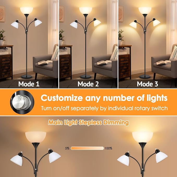 Coucrek Torchiere Floor Lamps for Living Room,72" Dimmable Lamp with 2 Adjustable Reading Lights for Bedroom, Black Tall Standing Room Lamp, 3 Bulbs Included