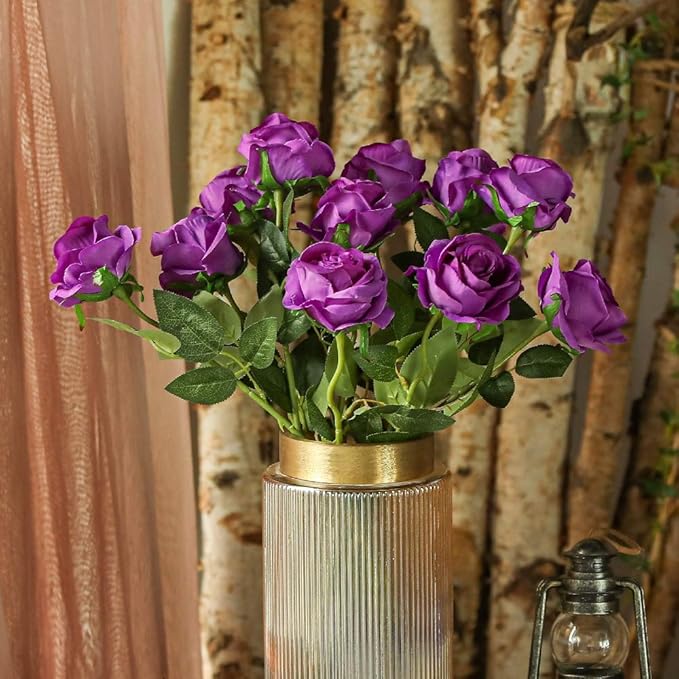 Kisflower 12Pcs Roses Artificial Flowers Purple Flowers Realistic Single Stem Flowers Silk Rose Bouquet for Wedding Party Office Home Decor (Purple)