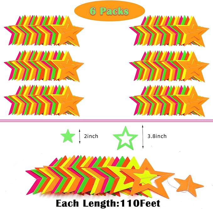 102feet Neon Paper Garland Streamers Hollowed Star Black Light Decorations Glow Party UV Reactive Favors in The Dark Supplies for Wedding Birthday Garlands