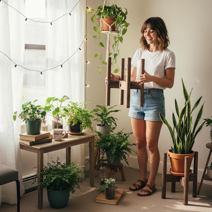 Adjustable Plant Stand for 8-12″ Pots – Solid Acacia Wood Mid-Century Modern Indoor/Outdoor Planter Holder with Stainless Steel Screws – Antique Brush Brown (Pot & Plant Not Included)