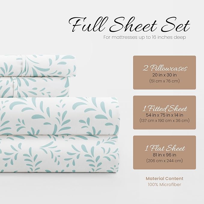 Linen Market Patterned Microfiber Full Sheet Set 4 Piece – Oeko-TEX Certified Ultra Soft & Wrinkle-Free - 16" Deep Pocket Sheets - Easy Care Full Size - Burst of Vines Light Blue