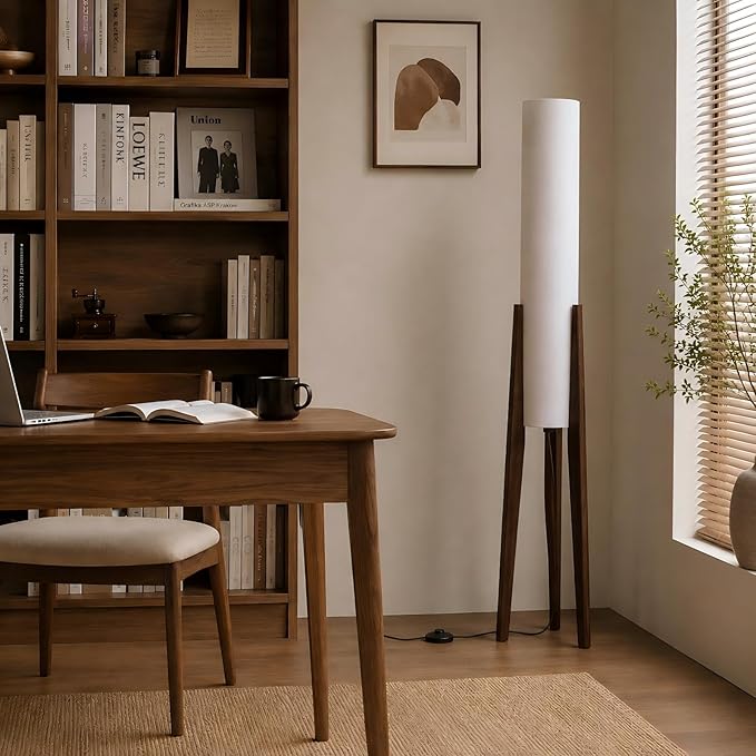 Bofea-Farmhouse Floor Lamp for Living Room & Bedroom,Walnut Wood Vintage Standings Lamp with Foot Switch, 3 Color White Fabric Tall Lamp,Decorative Tower Shade Lamp for Hotel Cafe Study