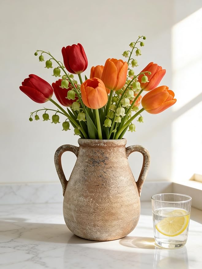 Ceramic Flower Vase Home Decor - 7.5 Inch Farmhouse Rustic Table Vases Living Room Decoration Decorative Vintage Pottery for Kitchen Shelf Coffee Dining Bookshelf Fireplace Centerpiece (Rustic-7.5")