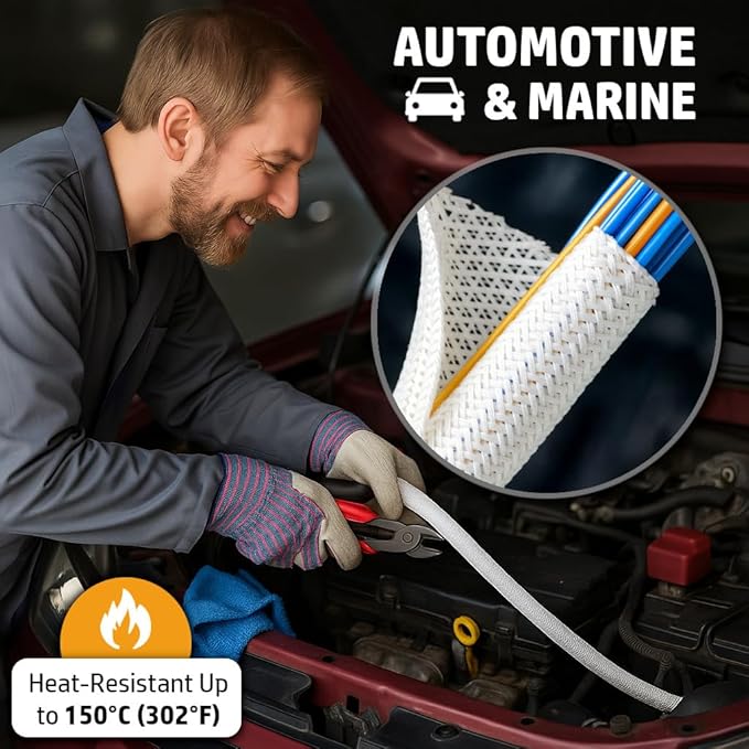 MGI SpeedWare Braided Split-Sleeve White Wire Loom for High-Temperature Automotive Harness and Home Cable Management 10 feet (3/4")