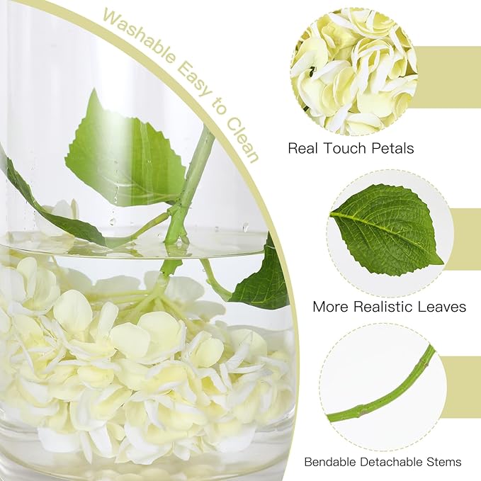 3Pcs Hydrangea Artificial Flowers, 22.44" Real Touch Latex Faux Hydrangea with Long Stems & Leaves for Home Office Decor or Wedding, Party, Centerpieces, Floral Arrangements (Cream White)