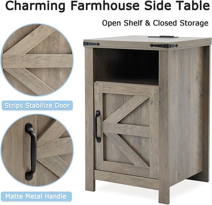 Farmhouse Living Room Table Set of 3, 2 Rustic End Table with Charging Station and 1 Sofa Table with Large Hidden Storage, Farmhouse Sofa Table Set for Living Room, Office, Grey