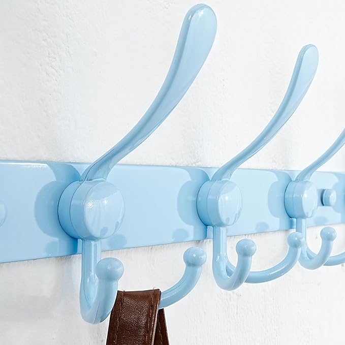 Dseap Coat Rack Wall Mount - 38” Long 10-Tri-Hooks Heavy Duty Coat Hanger Rail Wall Hooks for Hanging Coats Hats Clothing Clothes Purse Mudroom Entryway, Blue