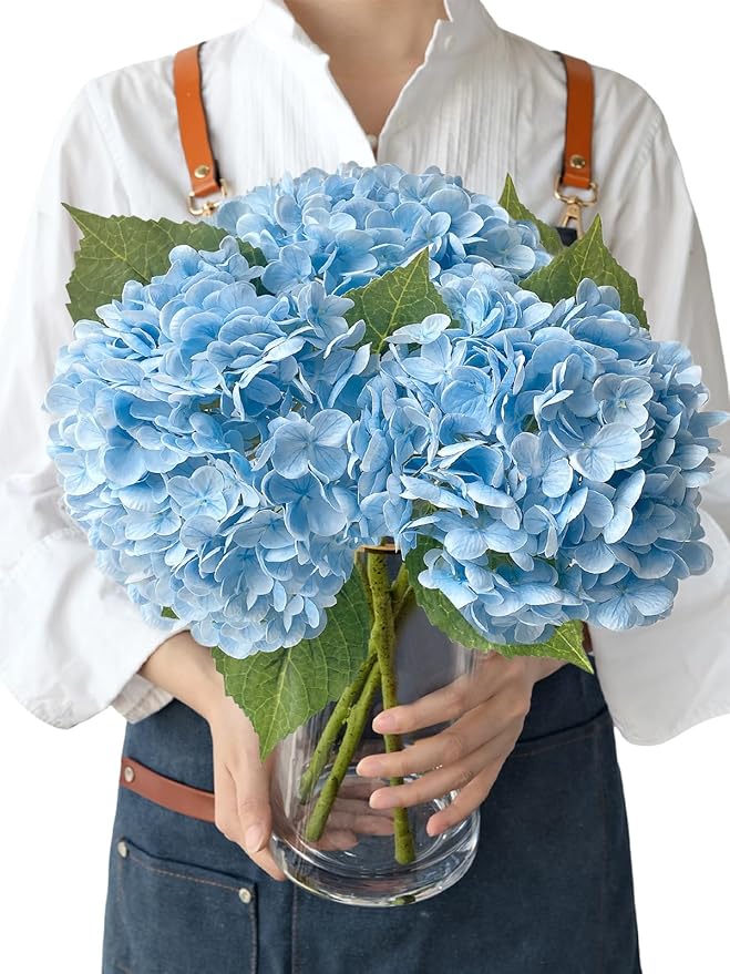 Light Blue Flowers Real Touch Artificial Hydrangeas, 3Pcs 21”Large Royal Latex Silk Flowers,Long Stems Fake Flower Bouquet for Centerpieces Table Home Party