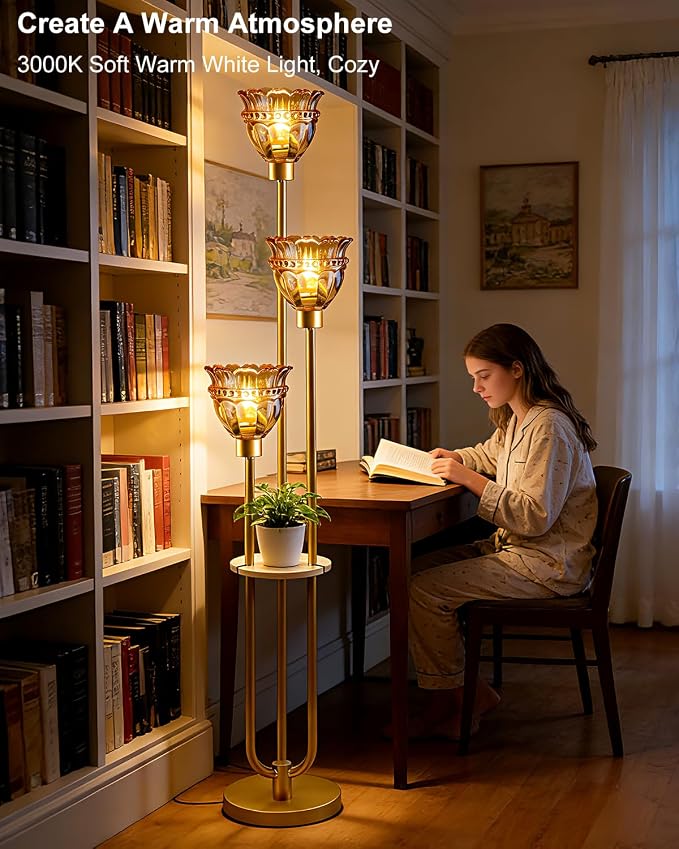 Lightdot Glass Floor Lamp for Living Room Mid Century Modern Gold Floor Lamp with Amber Glass Shade 3000K Bulbs Included Tall Standing Lamp with 5Lbs Heavy Base for Bedroom/Sofa Beside/Corner Decor