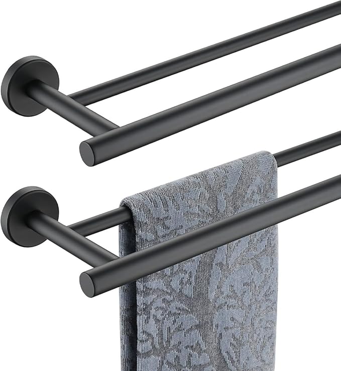 JQK Black Double Towel Bar, 20.5 Inch 304 Stainless Steel Thicken 0.8mm Towel Rack Bathroom, Towel Holder Matte Black Wall Mount, Useable Length 18 Inch 2 Pack, TB100L18-PB-P2