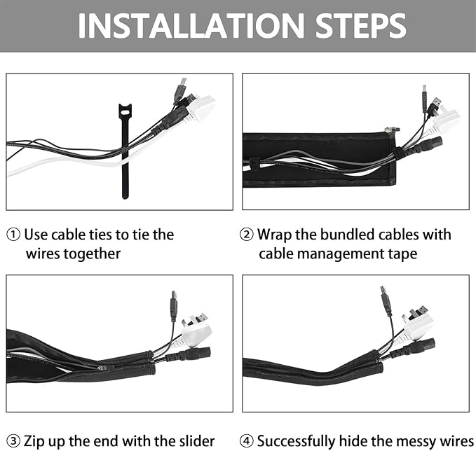 Geekria 4 Pack Cable Management, Wire Management with 8 Pieces Cable Ties, 20 Inch Cord Management with Zipper for TV/Office/Home Entertainment/Computer, Desk Cable Management (Black)