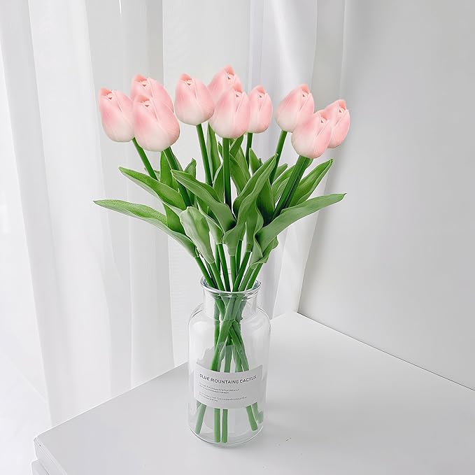 20 Pcs Tulips Artificial Flowers 13" Pink Faux Flowers Real Touch PU Fake Tulips Bouquet for Floral Arrangement Home Kitchen Table Wedding Decorations