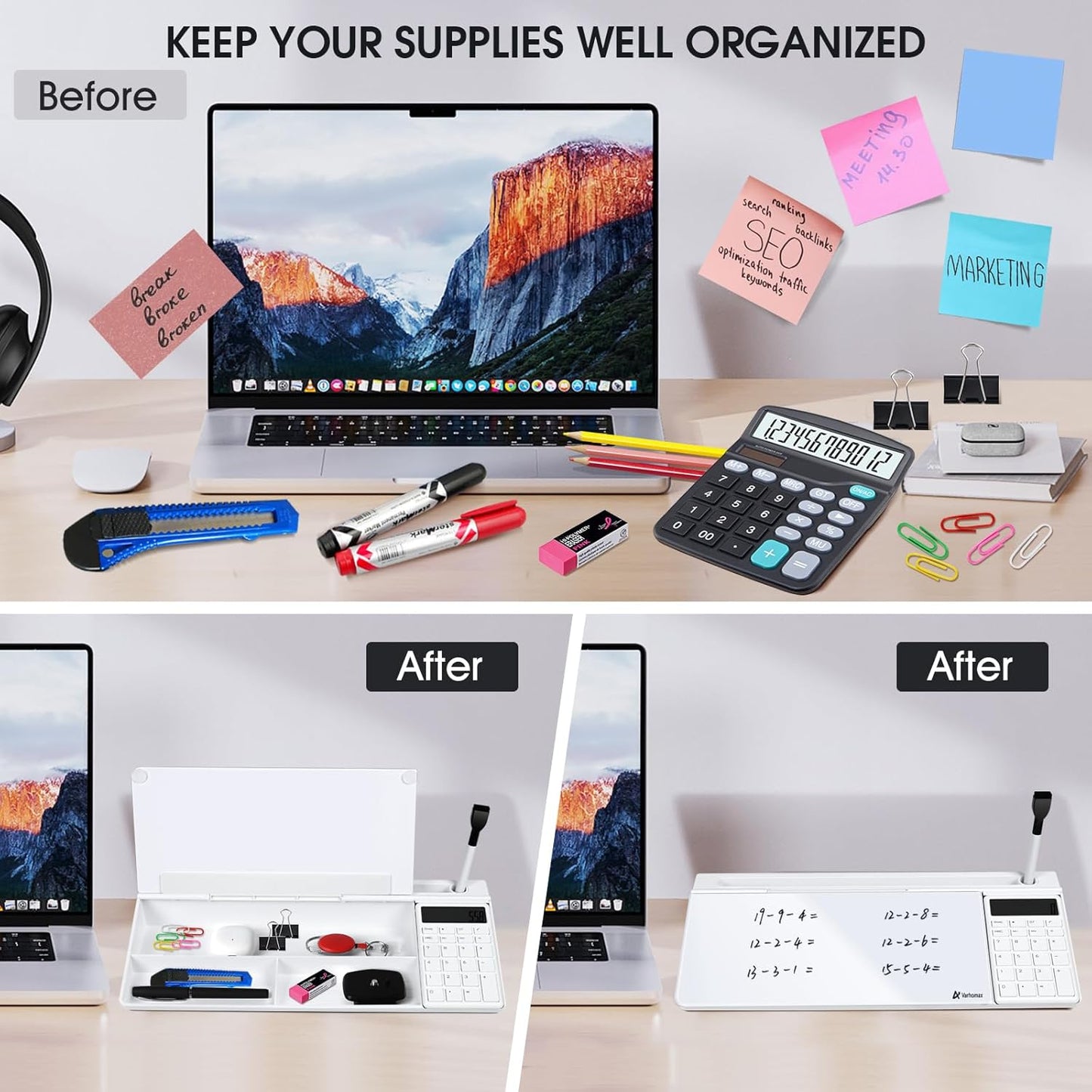 Skiennix Desktop Whiteboard - Whiteboard with Calculator | Ideal Desk Organizer for Home, Office & School