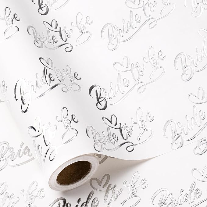 RUSPEPA Wedding Wrapping Paper Roll, Mini Roll, Elegant Bride to Be Text and Heart Design, Silver Foil Gift Wrap for Bridal Shower, Bachelorette Party, Wedding Celebration, 17 Inches x 16.4 Feet