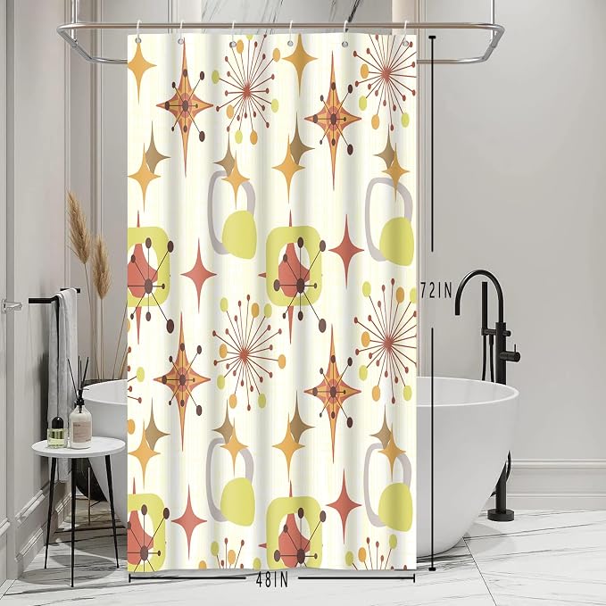 Mid Century Shower Curtain, 48x72inch, Modern Abstract Retro Yellow Striped Geometric Shower Curtain Sets 1950s Boho Bathroom Shower Curtain with 8 Hooks