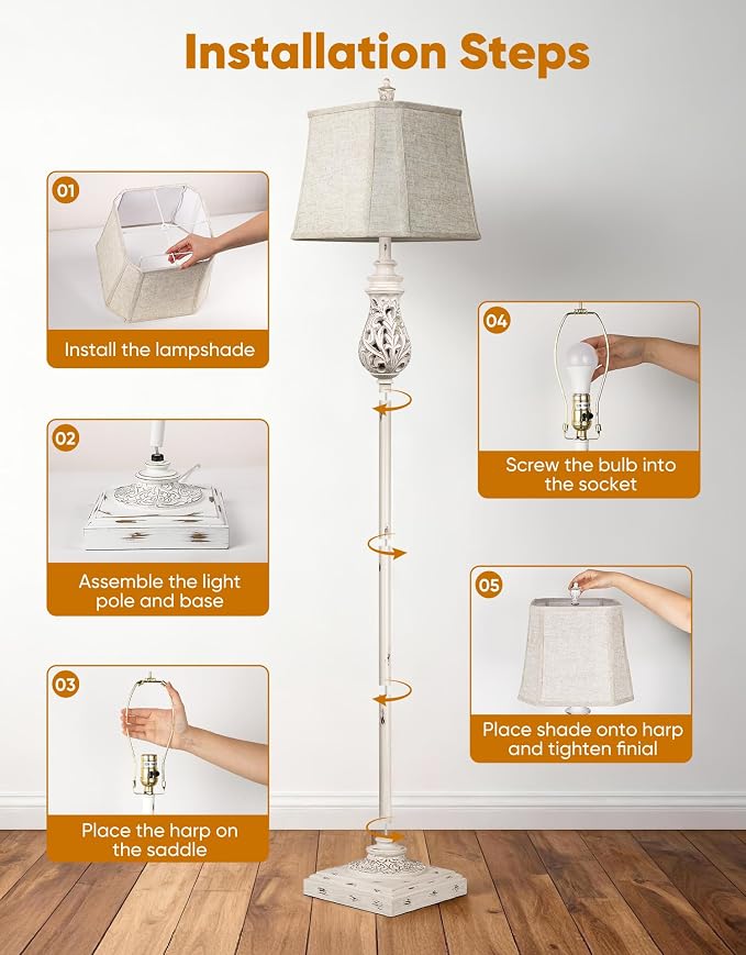 64'' Vintage Floor Lamp with Nightlight, Rustic Farmhouse Tall Standing Lamp with Rotary Switch and Beige Linen Shade for Living Room, Corner, Bedroom, House Decor, Cream White (Bulb Included)