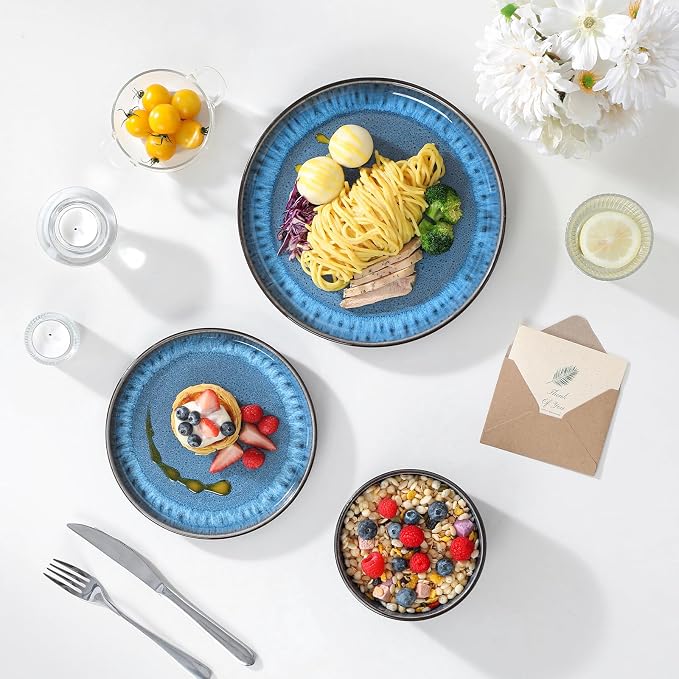 vancasso PLAYA Plates and Bowls Sets, 12 Pieces Blue Dinnerware Sets for Kitchen, Reactive Glaze Dishes Set for 4, Dishwasher and Microwave Safe